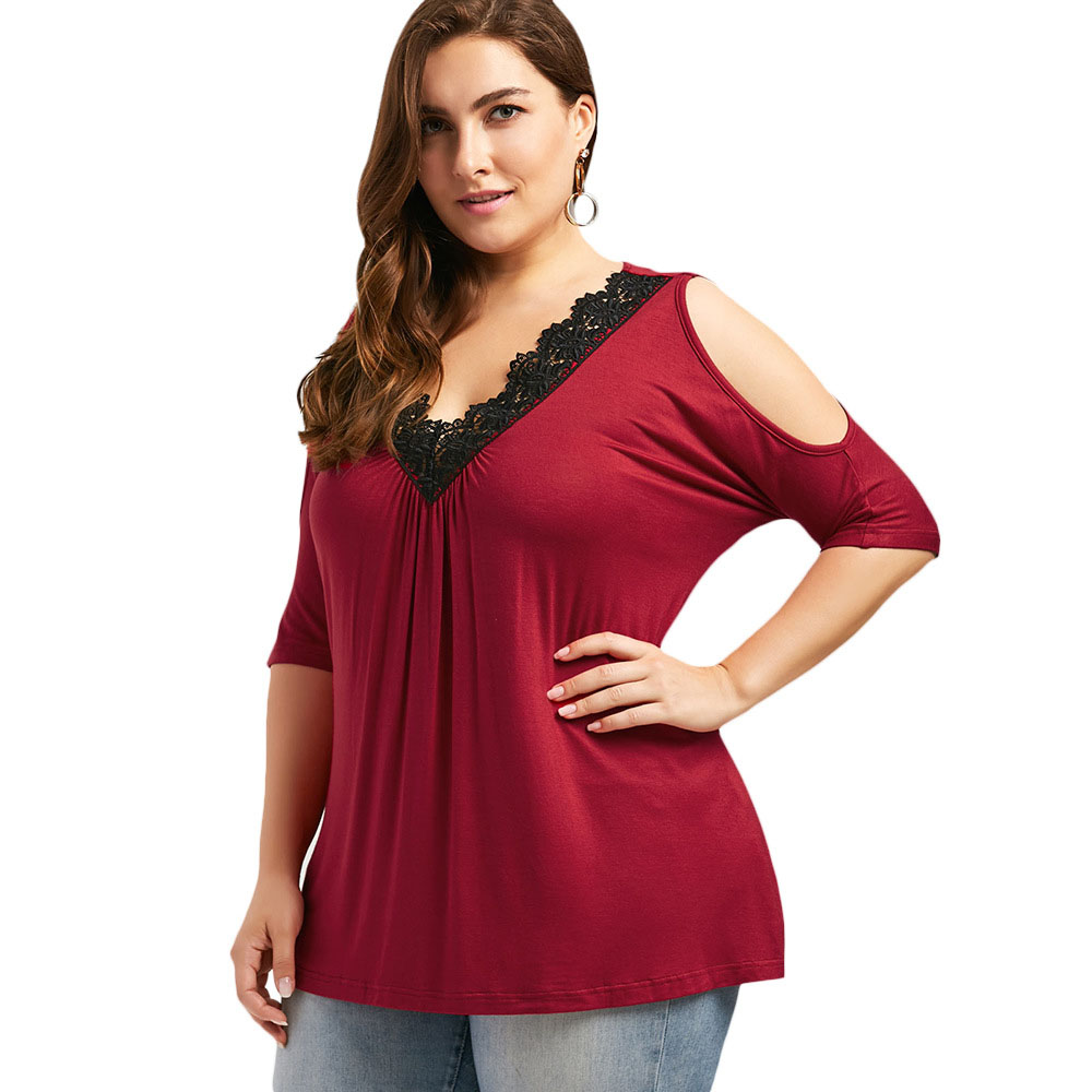 V Collar Off Shoulder Splicing T Shirt