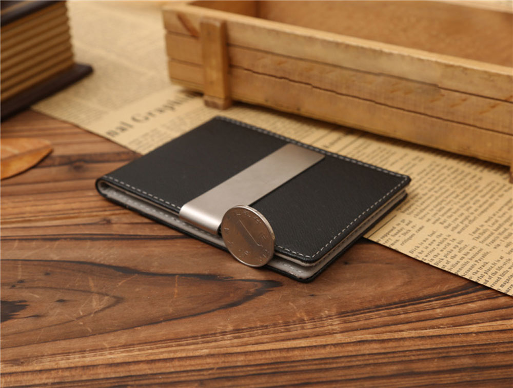 Unisex Open Horizontal PU Leather Short Hard Money Clip