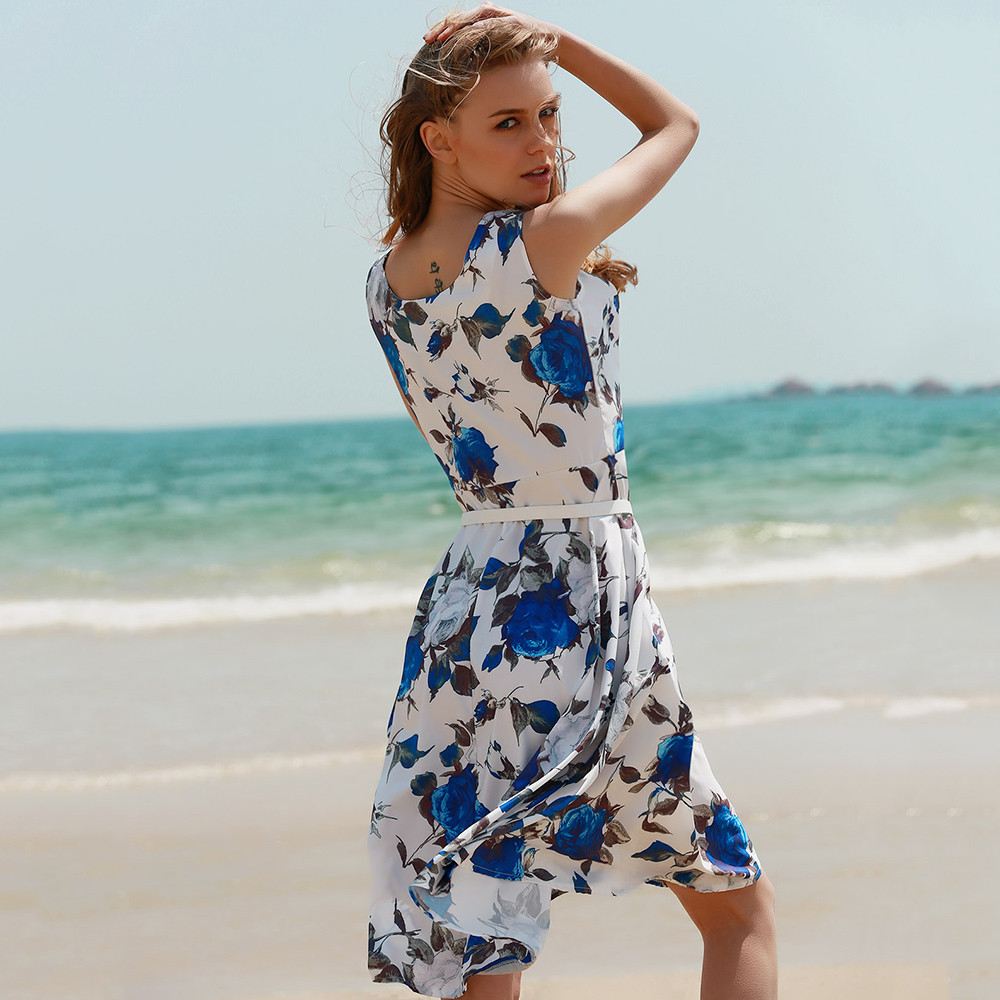 Round Collar Sleeveless Floral Print Patchwork Ball Gown Slim Knee-length with Belt Women Dress