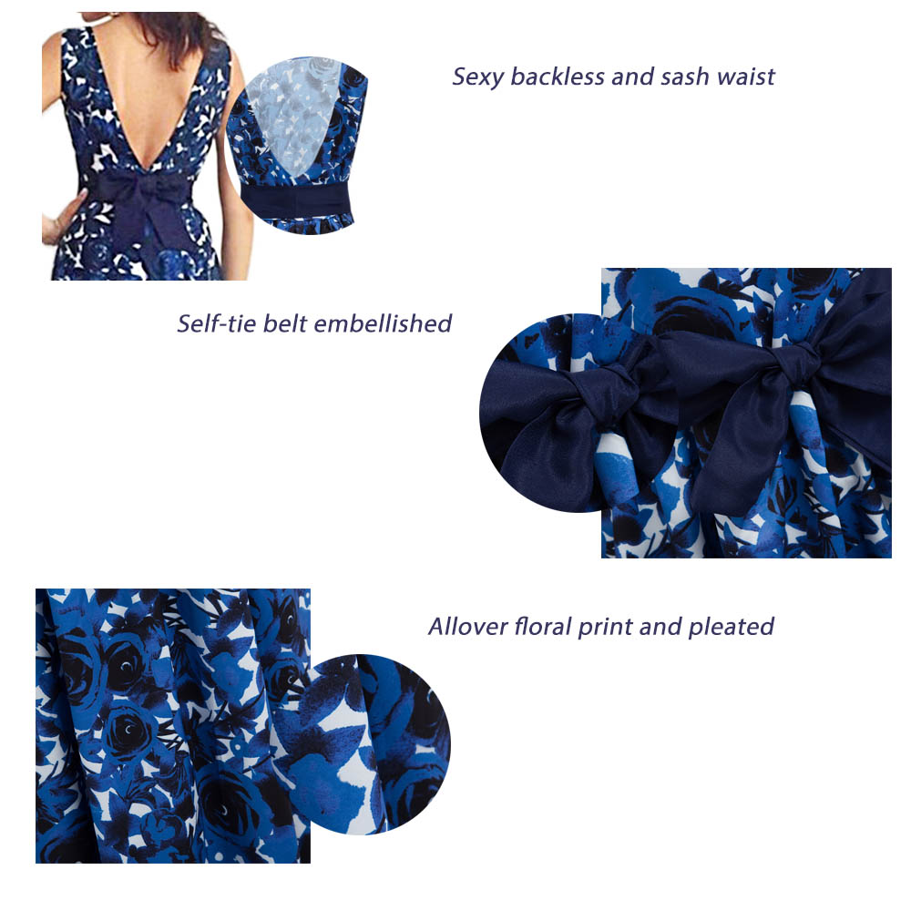 Stylish Round Collar Sleeveless Floral Print Sash Waist Bowknot A-Line Women Maxi Party Dress