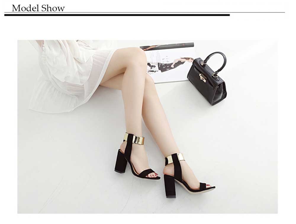 Sexy Golden Band Design Magic Tape Thick High Heel Women Gladiator Sandals