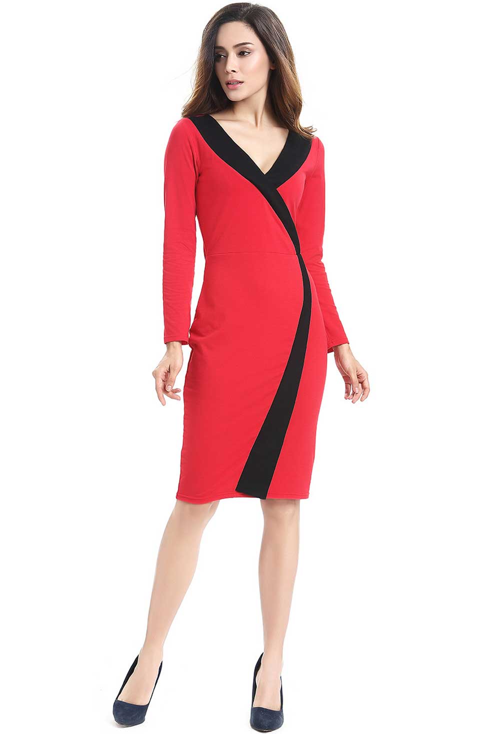 Elegant V-neck Long Sleeve Sexy Slim Knee Length Bodycon Dress