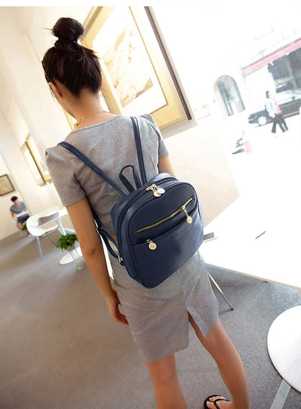 Guapabien Ladder Lock Button Shape Zipper Head Solid Color Portable Bag Backpack for Lady