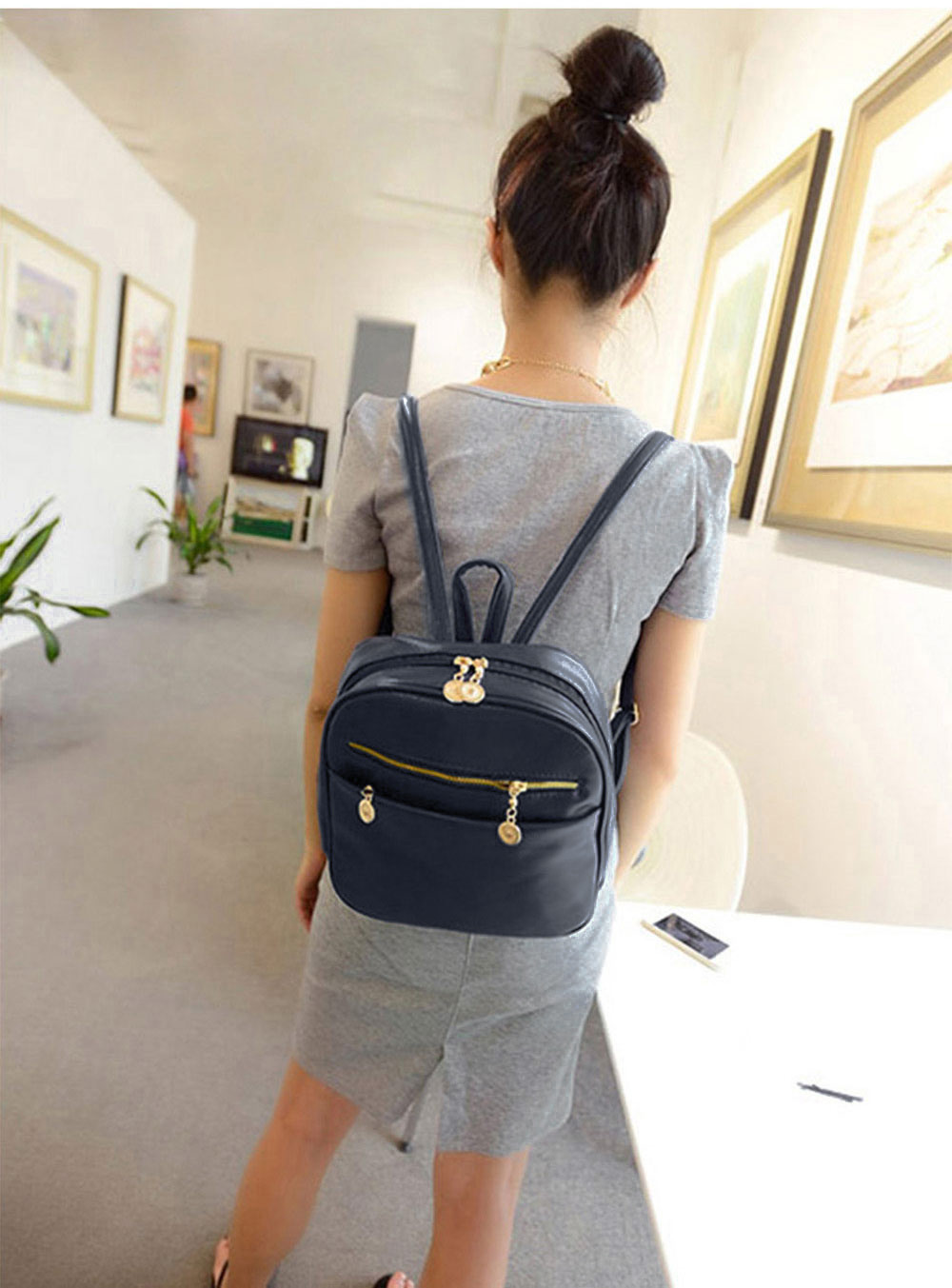 Guapabien Ladder Lock Button Shape Zipper Head Solid Color Portable Bag Backpack for Lady