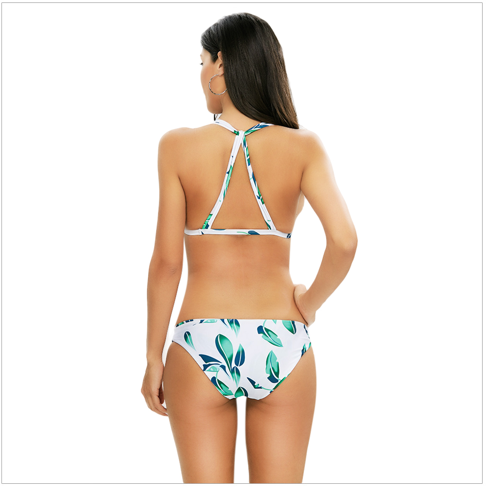 Sexy Spaghetti Strap Backless Leaf Print Swimsuit Bikini for Women