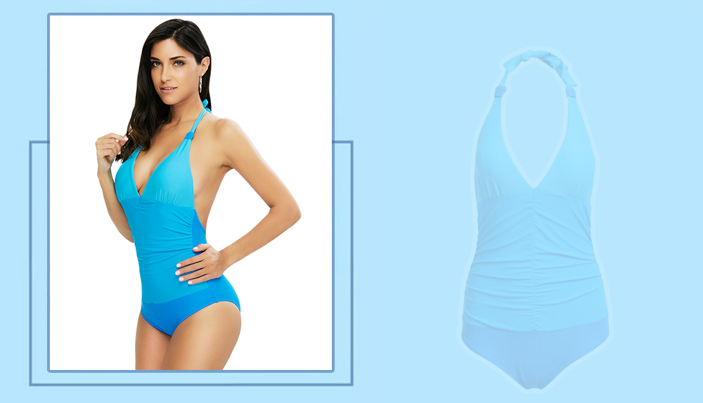 Sexy Halter Tie Plunge Neck Color Blocking Swimsuit for Women