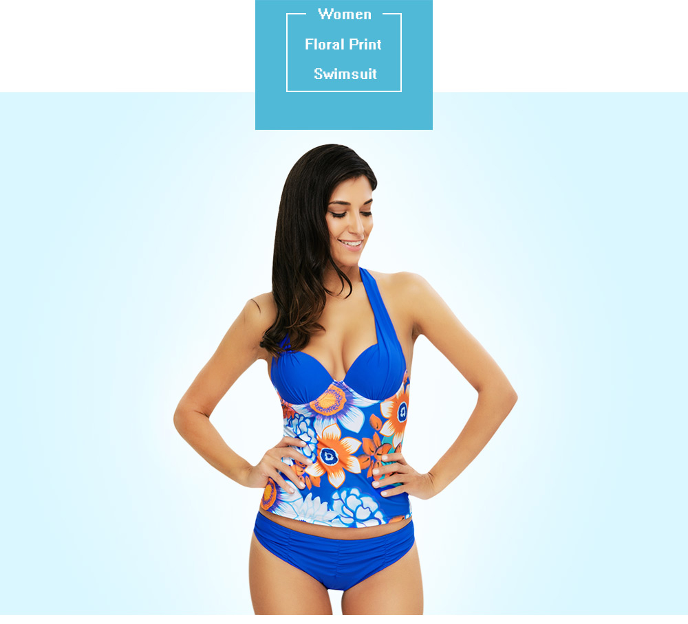 Sexy Halter Tie Floral Print Color Blocking Spliced Wire Swimsuit for Women