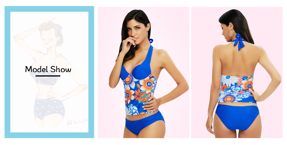 Sexy Halter Tie Floral Print Color Blocking Spliced Wire Swimsuit for Women