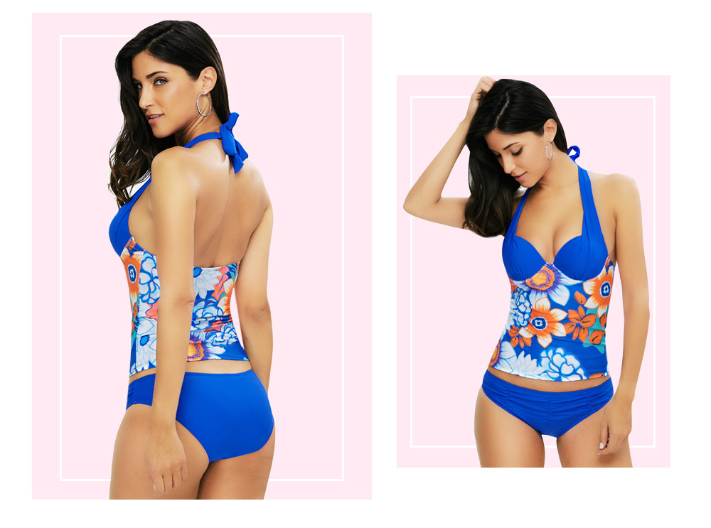Sexy Halter Tie Floral Print Color Blocking Spliced Wire Swimsuit for Women