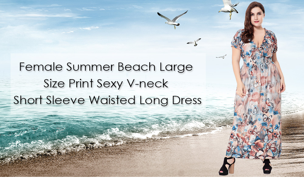 Female Autumn Beach Large Size Print Sexy V-neck Short Sleeve Waisted Maxi Dress