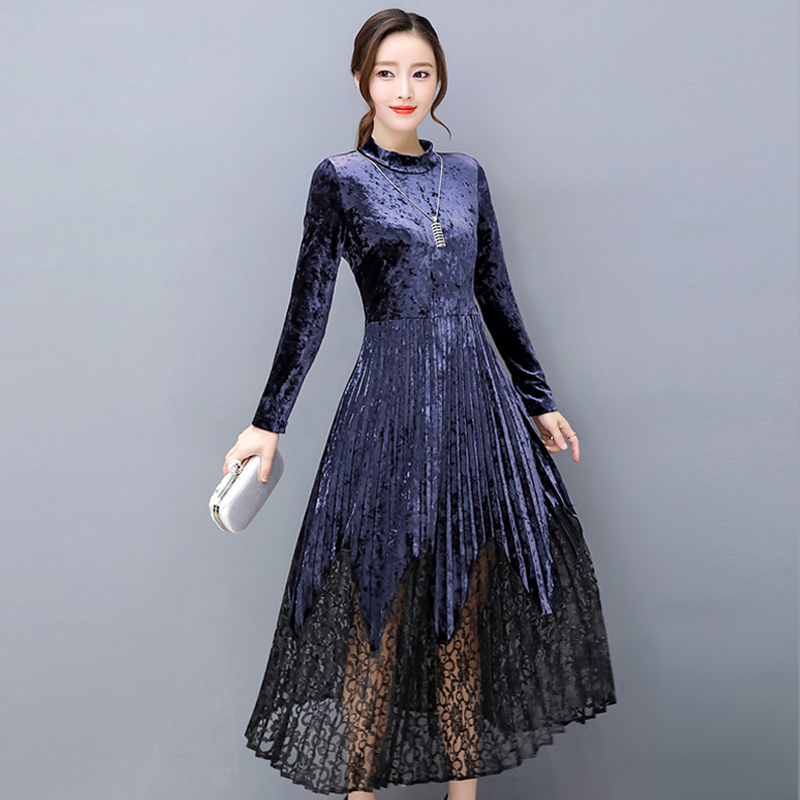 Autumn and Winter New Self-Cultivation Waist High-Necked Gold Velvet Long-Sleeved Pleated Dress