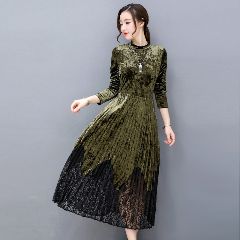 Autumn and Winter New Self-Cultivation Waist High-Necked Gold Velvet Long-Sleeved Pleated Dress