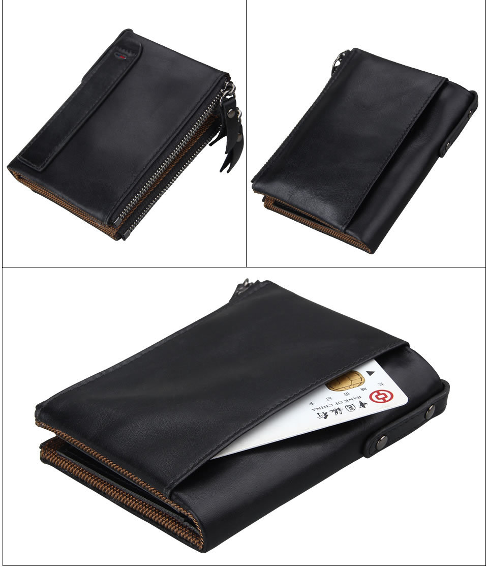 Short Retro Men Wallet Business Genuine Leather Coin Wallets Male Purse Credit Cards Holder Double Zipper