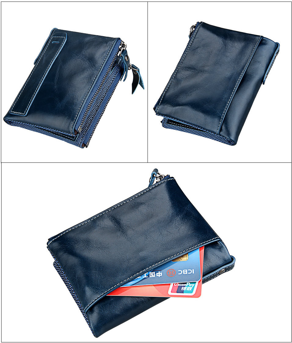 Short Retro Men Wallet Business Genuine Leather Coin Wallets Male Purse Credit Cards Holder Double Zipper