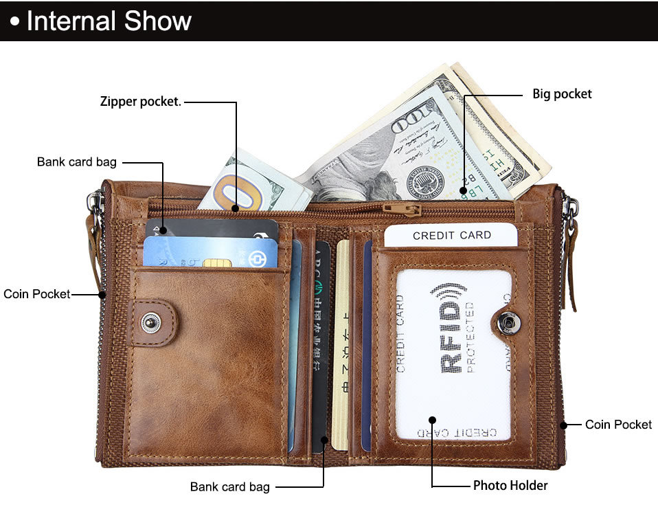 Short Retro Men Wallet Business Genuine Leather Coin Wallets Male Purse Credit Cards Holder Double Zipper