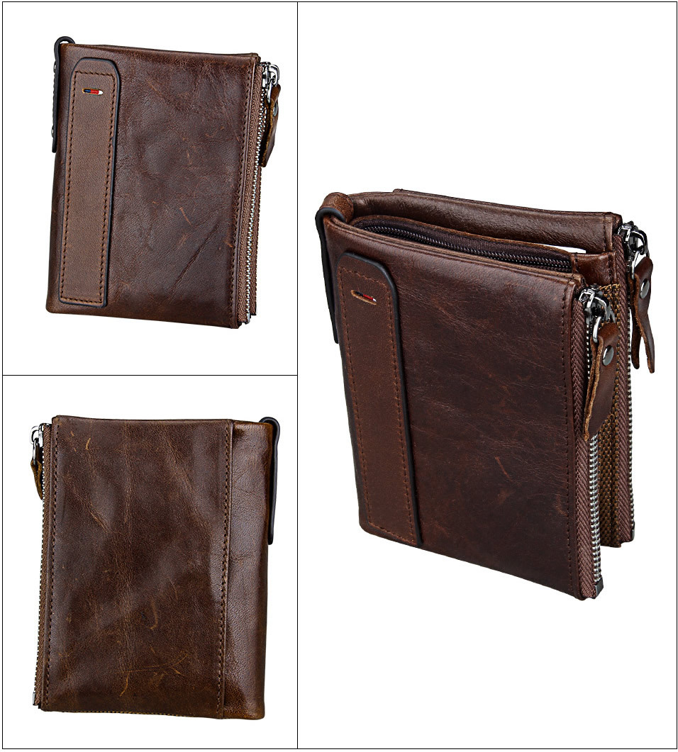 Short Retro Men Wallet Business Genuine Leather Coin Wallets Male Purse Credit Cards Holder Double Zipper