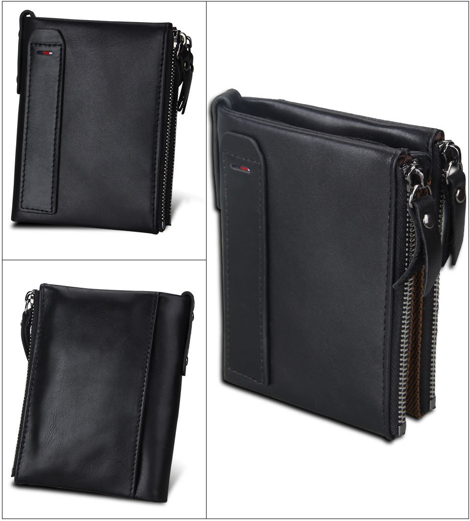 Short Retro Men Wallet Business Genuine Leather Coin Wallets Male Purse Credit Cards Holder Double Zipper