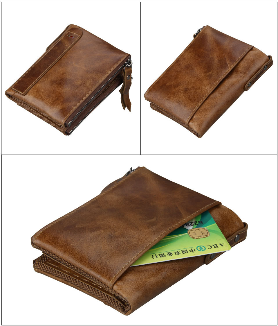 Short Retro Men Wallet Business Genuine Leather Coin Wallets Male Purse Credit Cards Holder Double Zipper