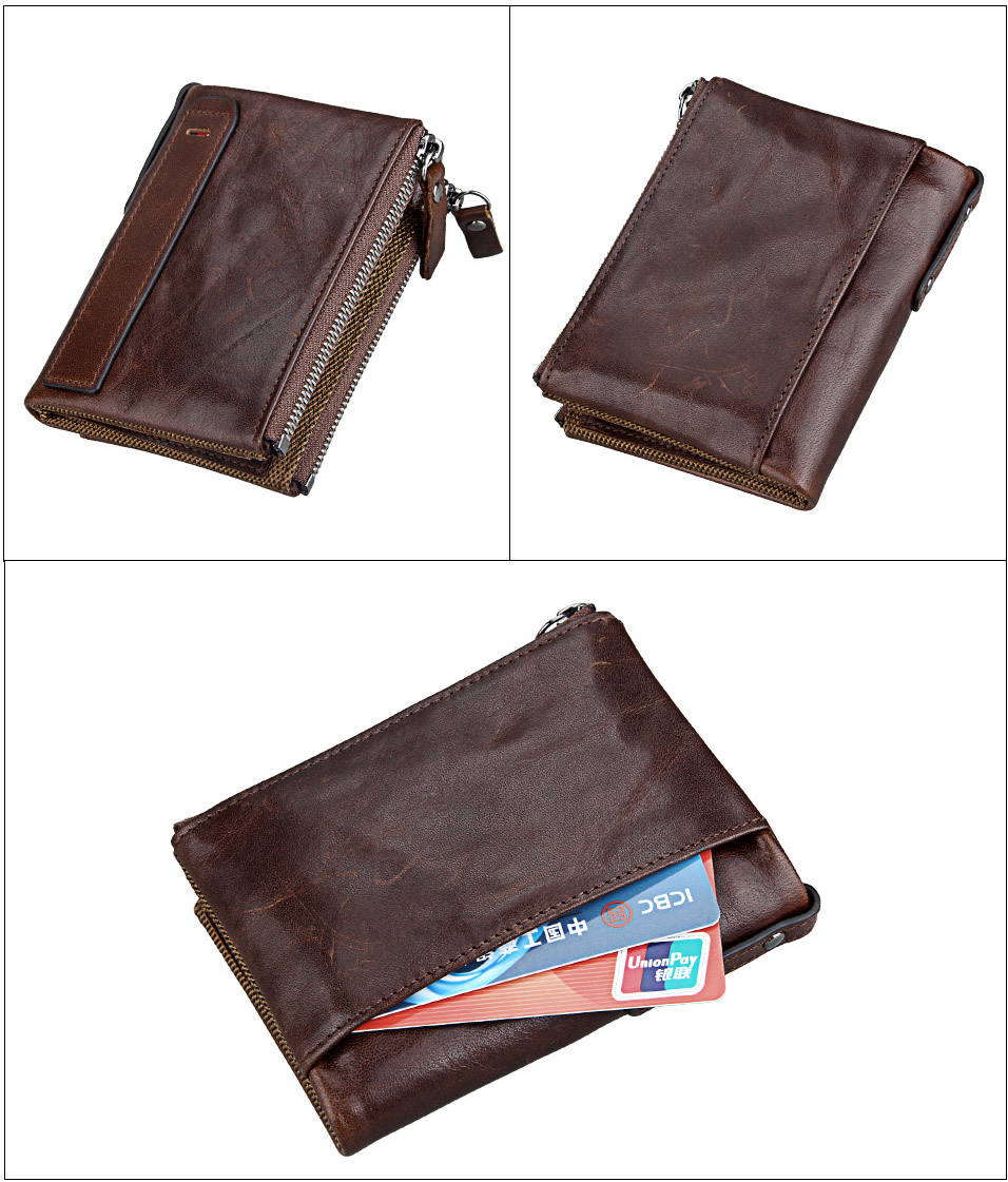 Short Retro Men Wallet Business Genuine Leather Coin Wallets Male Purse Credit Cards Holder Double Zipper