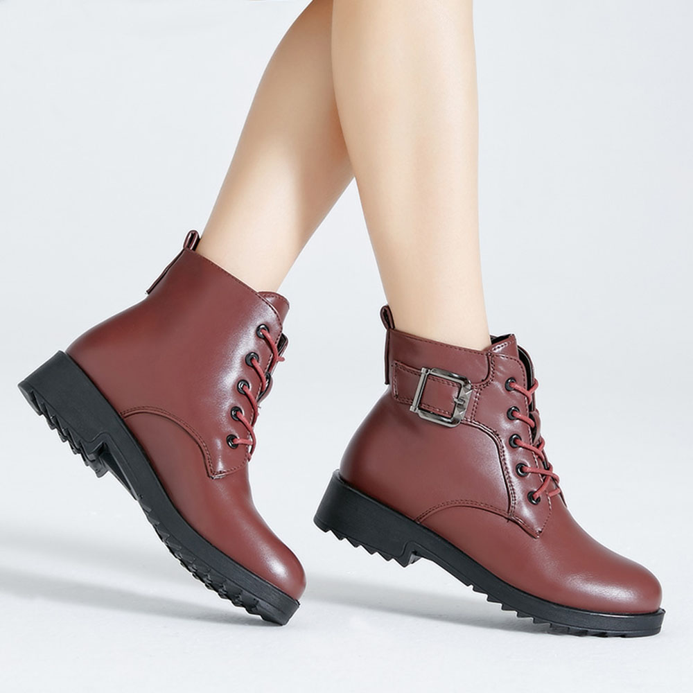 Platform Winter Warm PU Leather Lace Up Short Boots