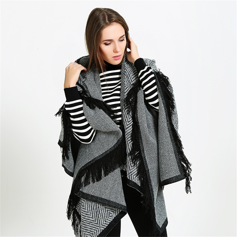 Hooded cloak all-match thickened fringed Scarf Shawl