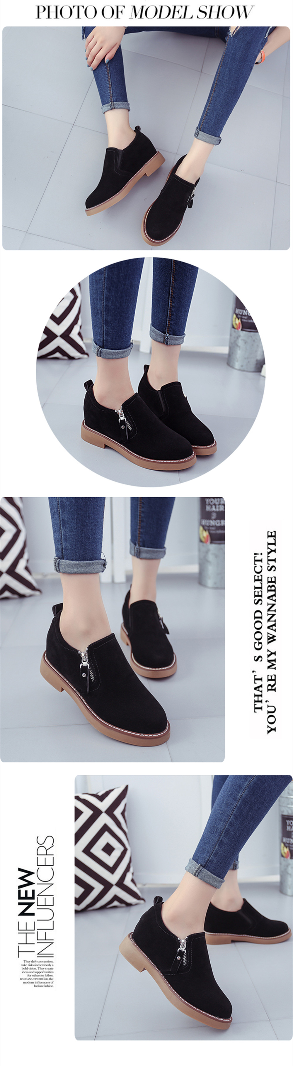 Round Head Side Zipper Low Heel Women's Shoes