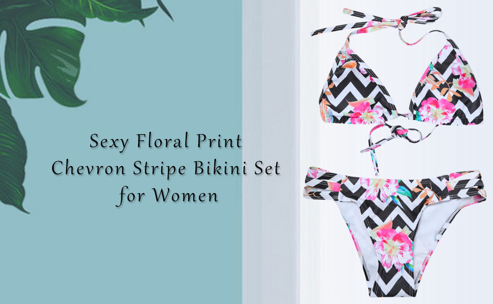 Sexy Halter Neck Spaghetti Strap Floral Print Chevron Stripe Women Bikini Set