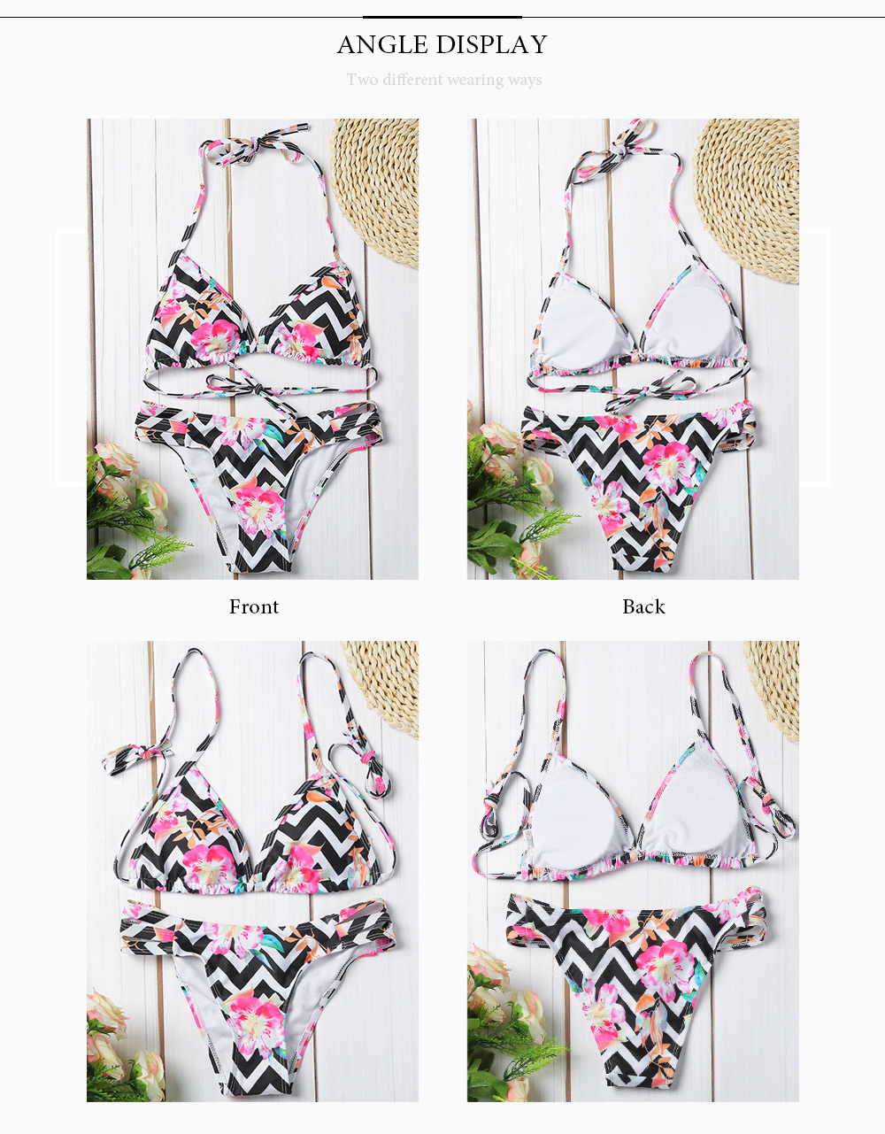 Sexy Halter Neck Spaghetti Strap Floral Print Chevron Stripe Women Bikini Set