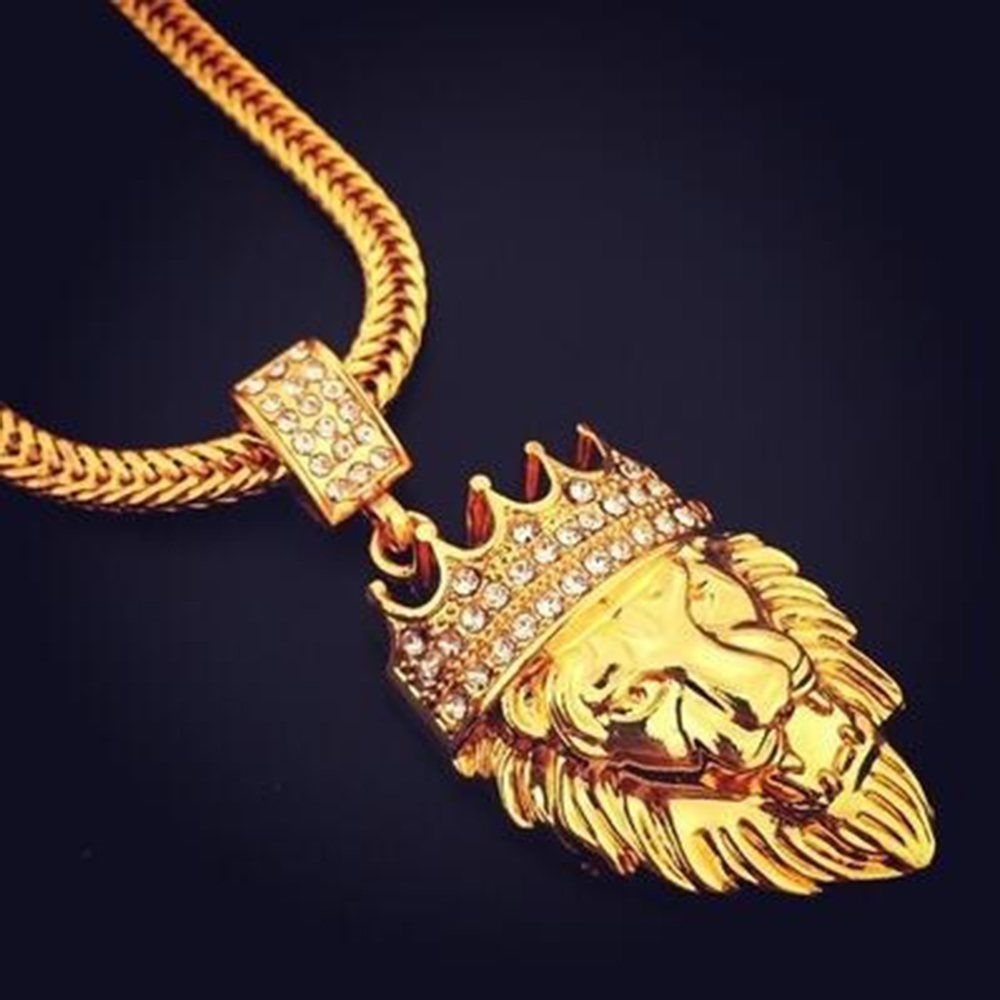 2017 Fashion Men's Hip Hop Iced Out King Crown Lion Pendant W/6mm 29.5