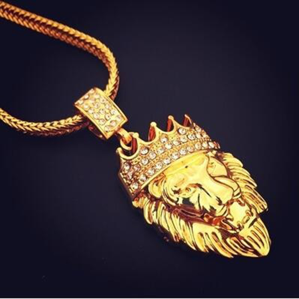 2017 Fashion Men's Hip Hop Iced Out King Crown Lion Pendant W/6mm 29.5