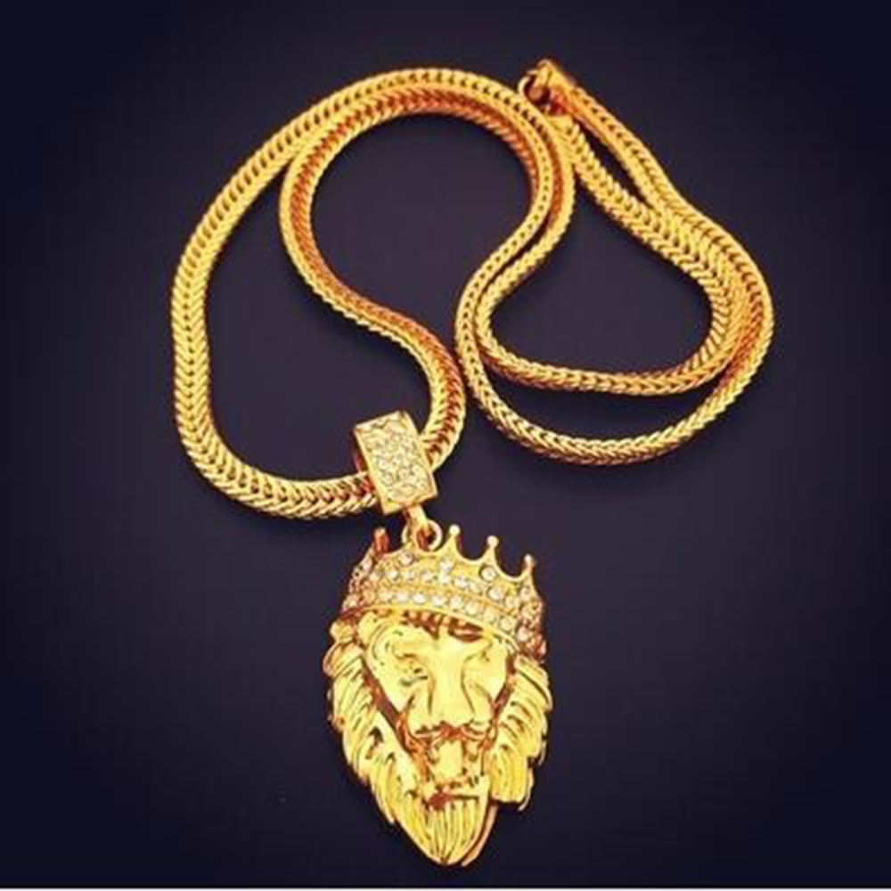 2017 Fashion Men's Hip Hop Iced Out King Crown Lion Pendant W/6mm 29.5