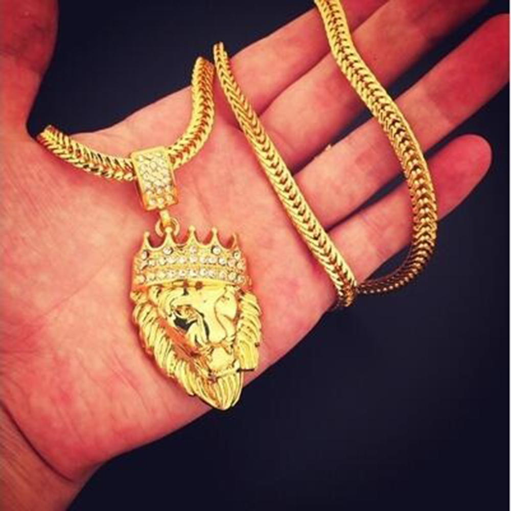 2017 Fashion Men's Hip Hop Iced Out King Crown Lion Pendant W/6mm 29.5