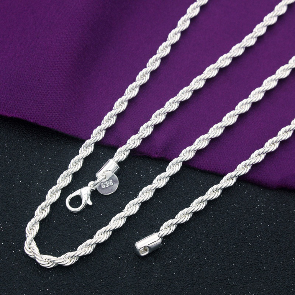 Mens 925 Sterling Silver Necklace Twisted Rope Chain 4mm