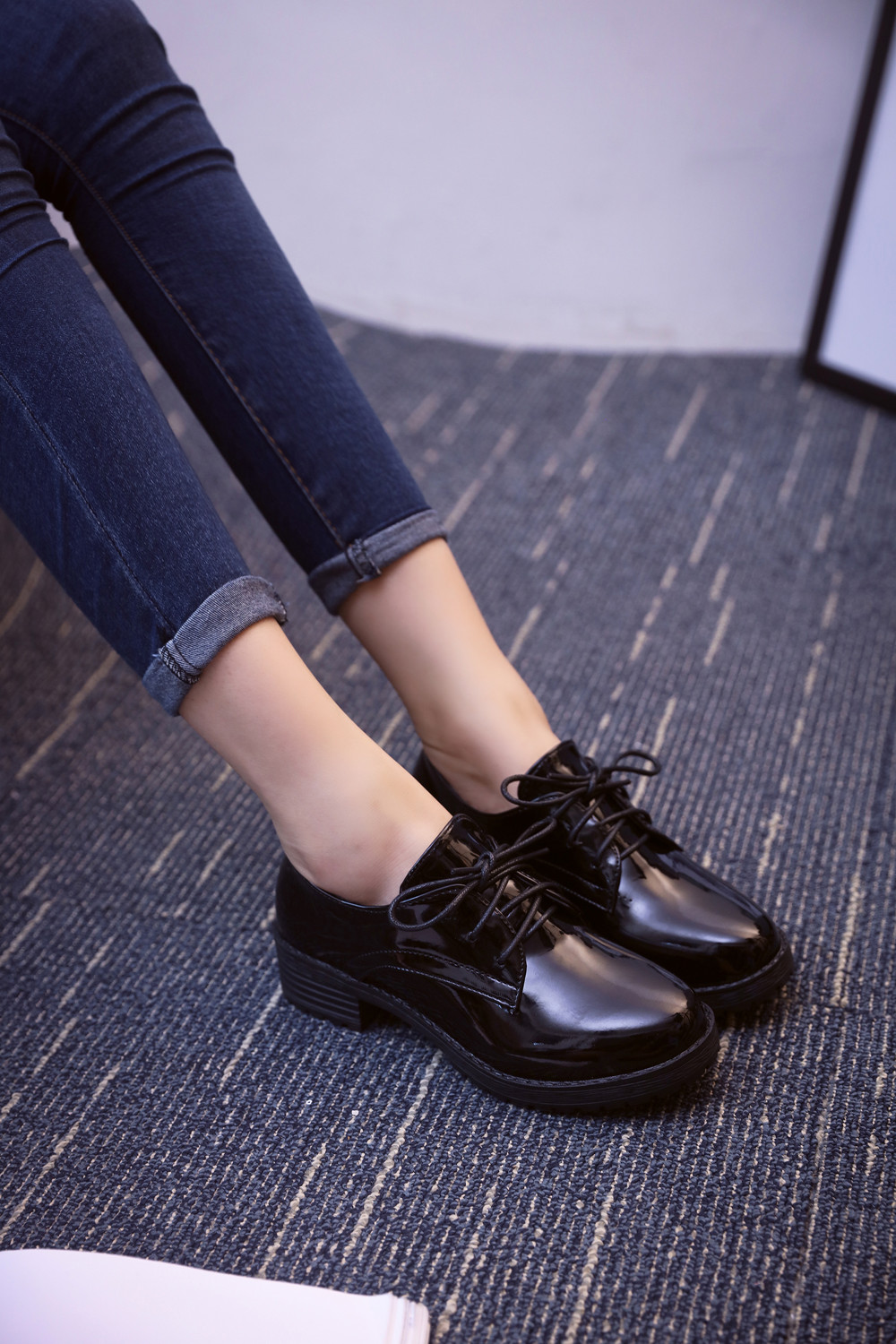 Black Leather Shoes With College Women's Shoes