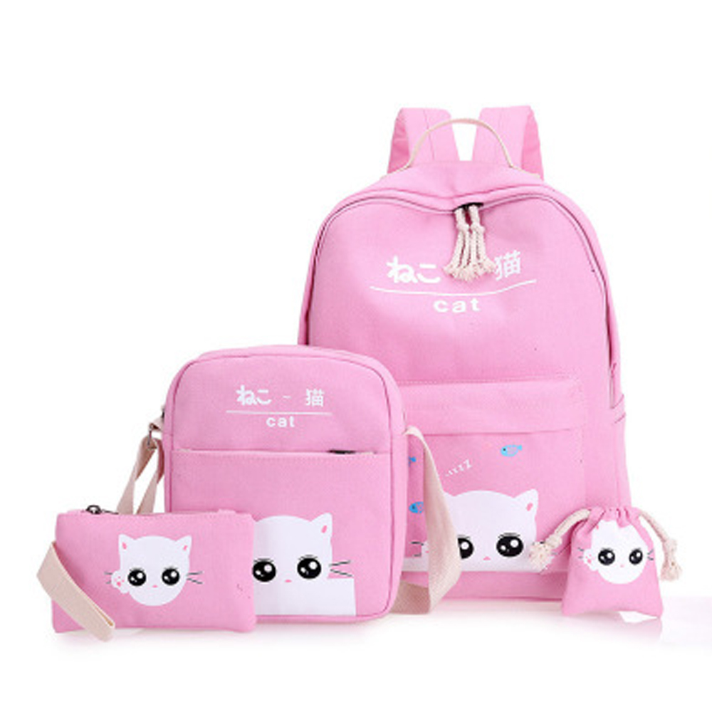 4 Pcs Girl's Schoolbag Set Cat Pattern Backpack Shoulder Bag Set