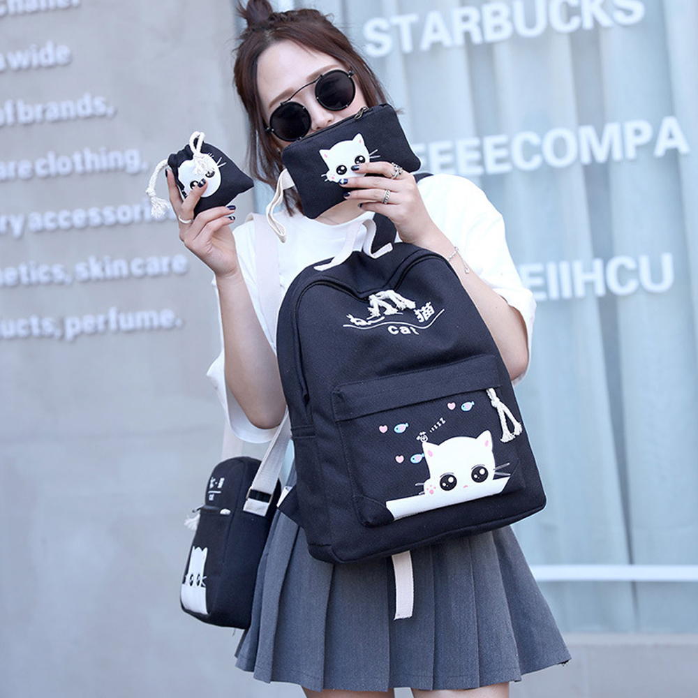 4 Pcs Girl's Schoolbag Set Cat Pattern Backpack Shoulder Bag Set