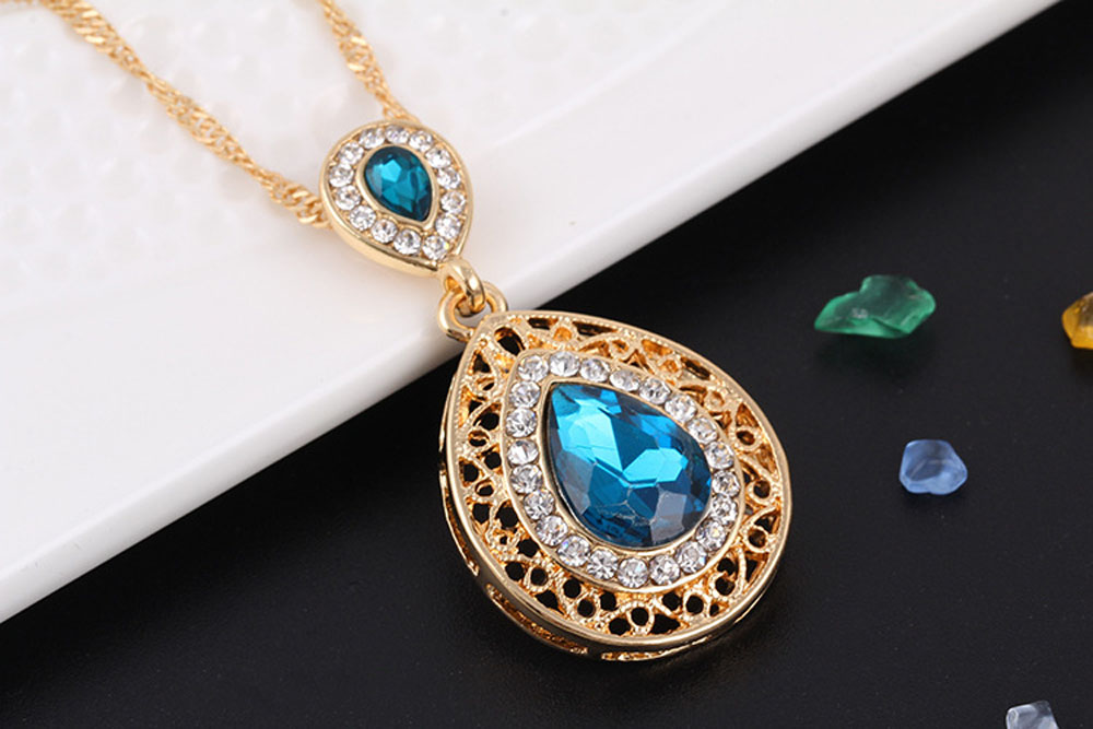 2PCS Necklace Crystal Earrings Water Drop Pendant Jewelry