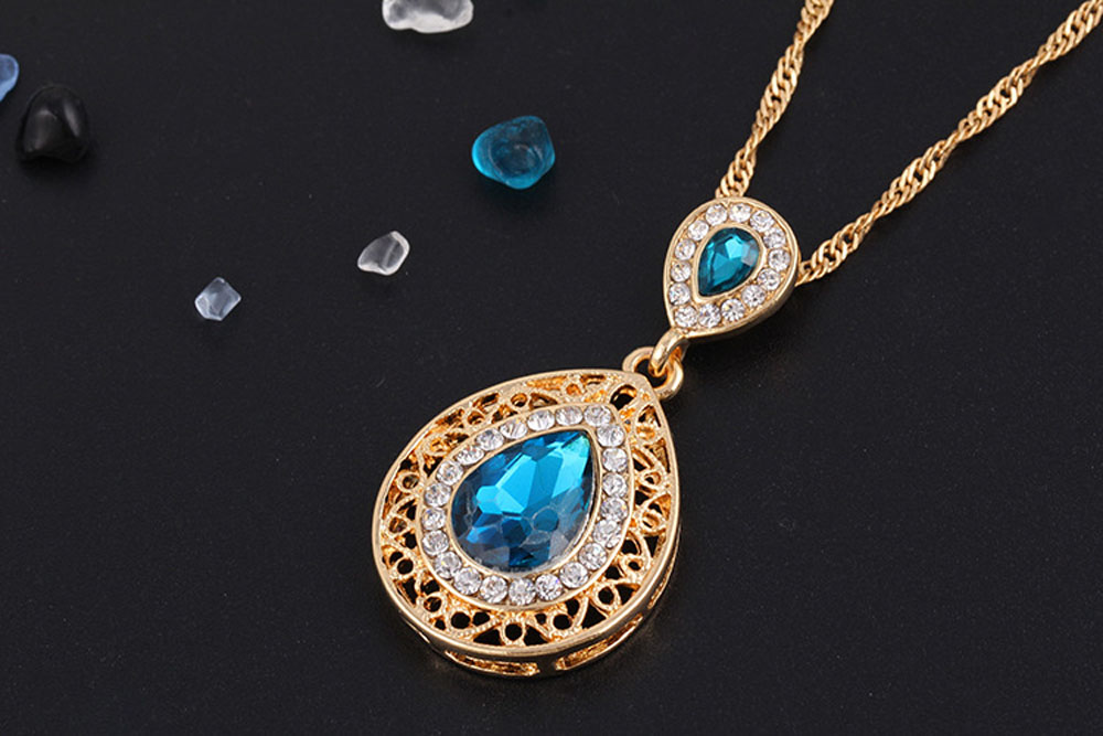 2PCS Necklace Crystal Earrings Water Drop Pendant Jewelry