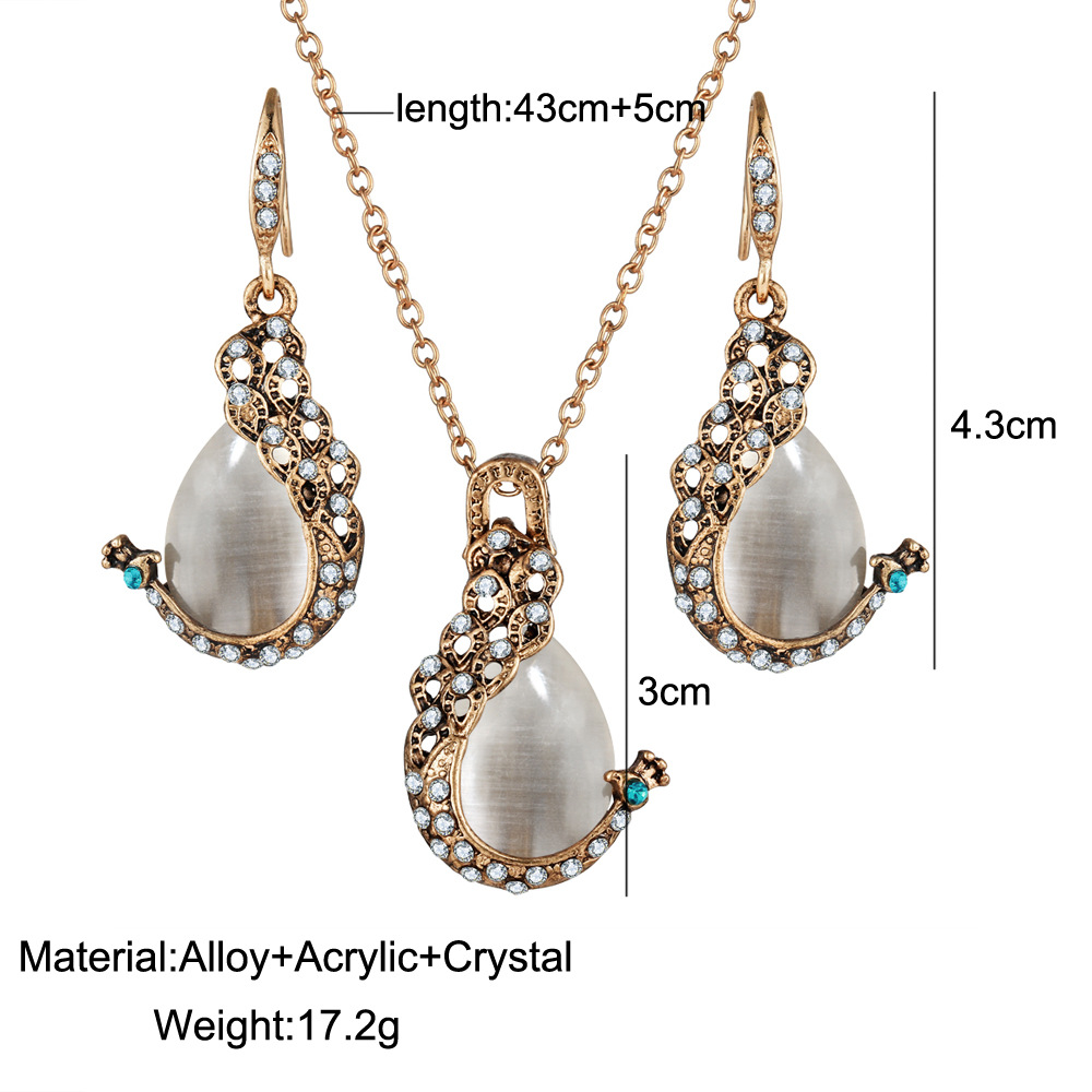 2PCS Peacock Cat'S Eye Crystal Earrings Necklace Set