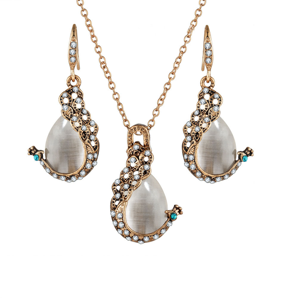 2PCS Peacock Cat'S Eye Crystal Earrings Necklace Set