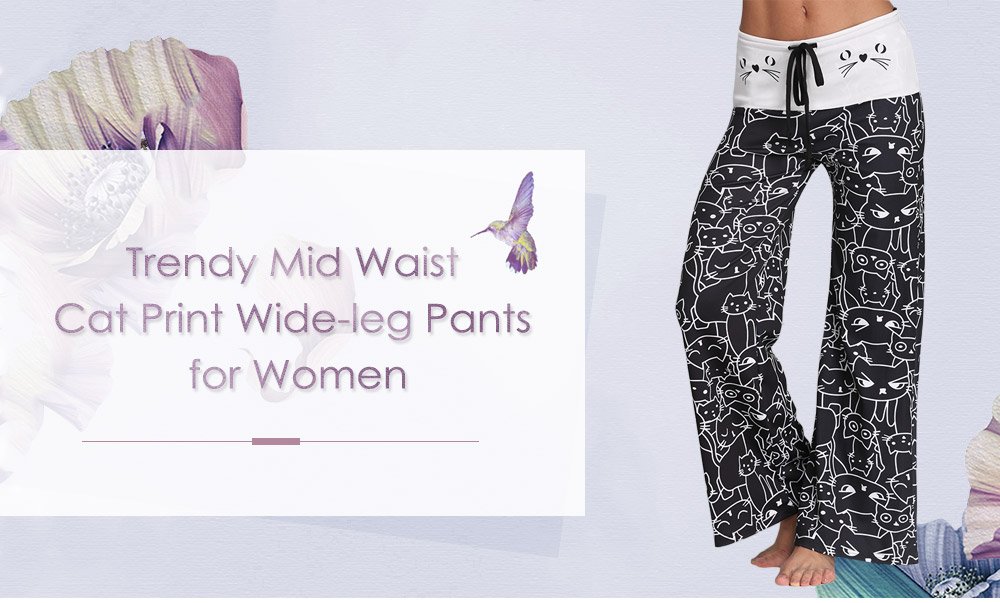 Trendy Mid Waist Cat Print Wide-leg Drawstring Women Long Pants