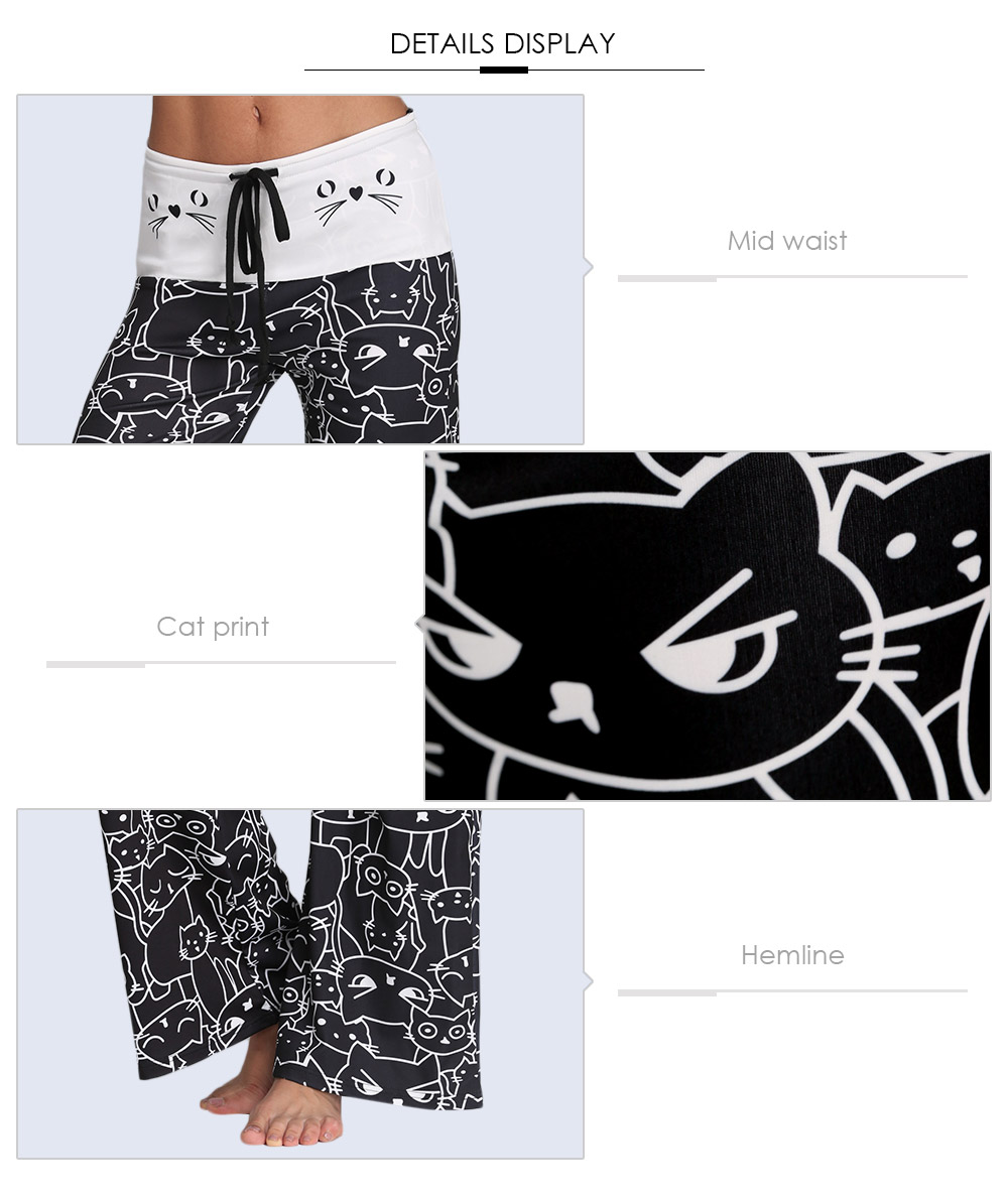 Trendy Mid Waist Cat Print Wide-leg Drawstring Women Long Pants