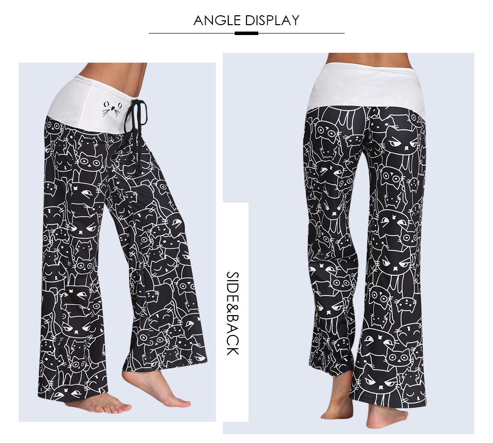 Trendy Mid Waist Cat Print Wide-leg Drawstring Women Long Pants