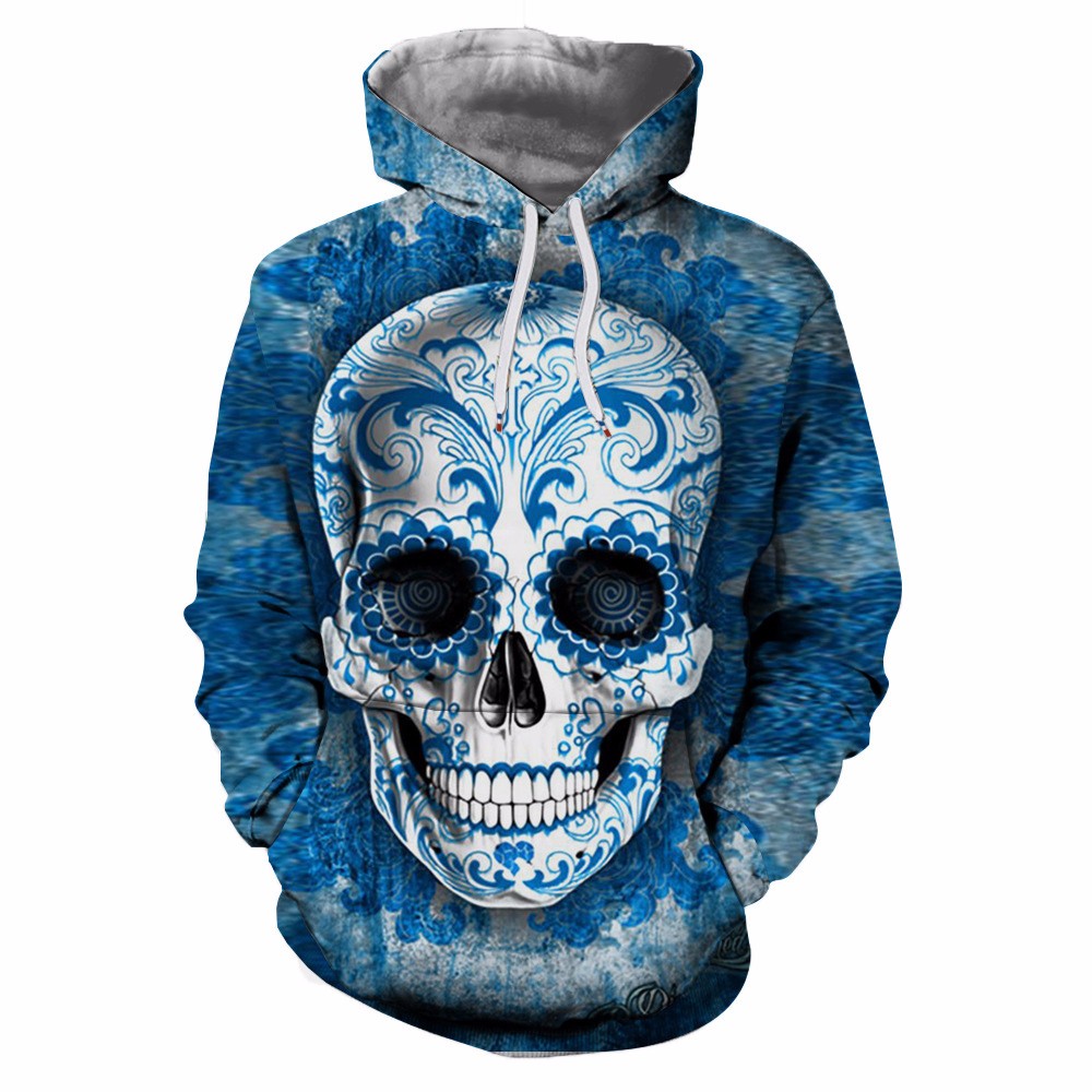 3D Digital Skull Print Pullover Hoodie