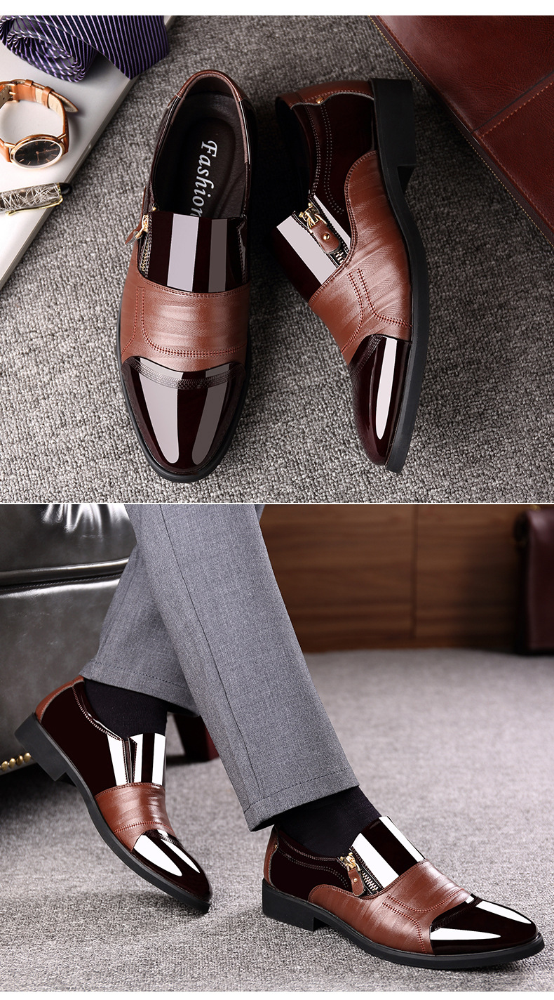 Men Color Blocking Side Zipper Pointed Toe Formal Dress Shoes