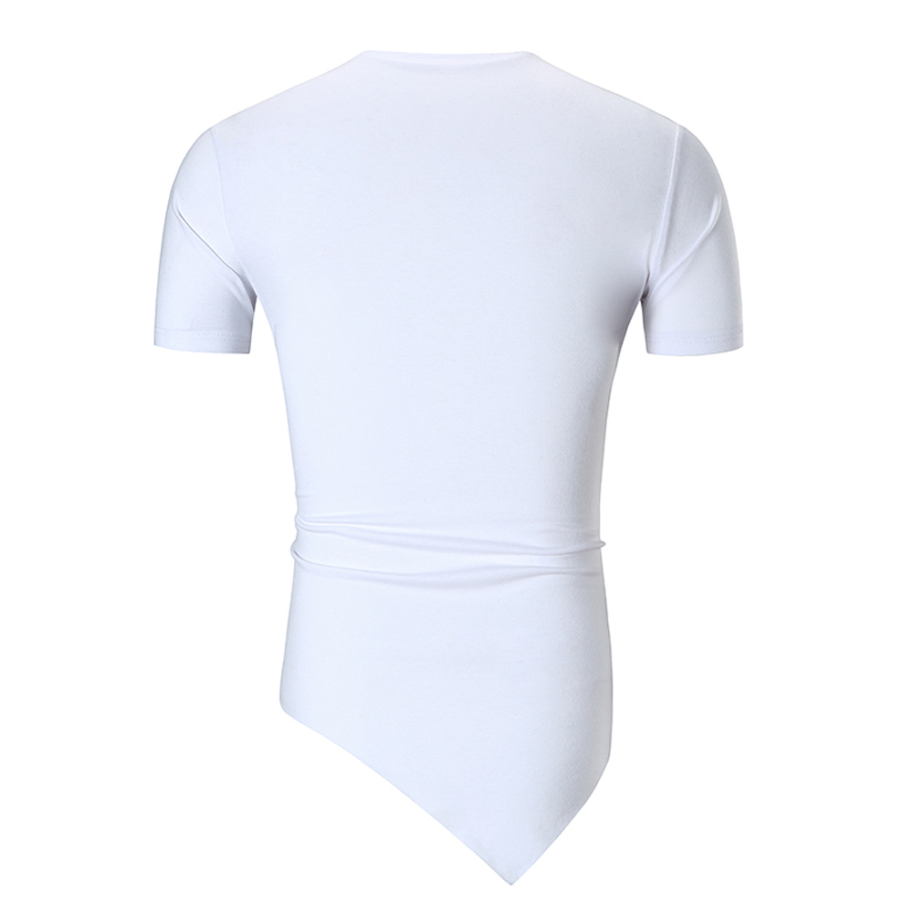 2018 New Men's Leather Trend Stitching Fashion Oblique Hem Solid Color T-shirt
