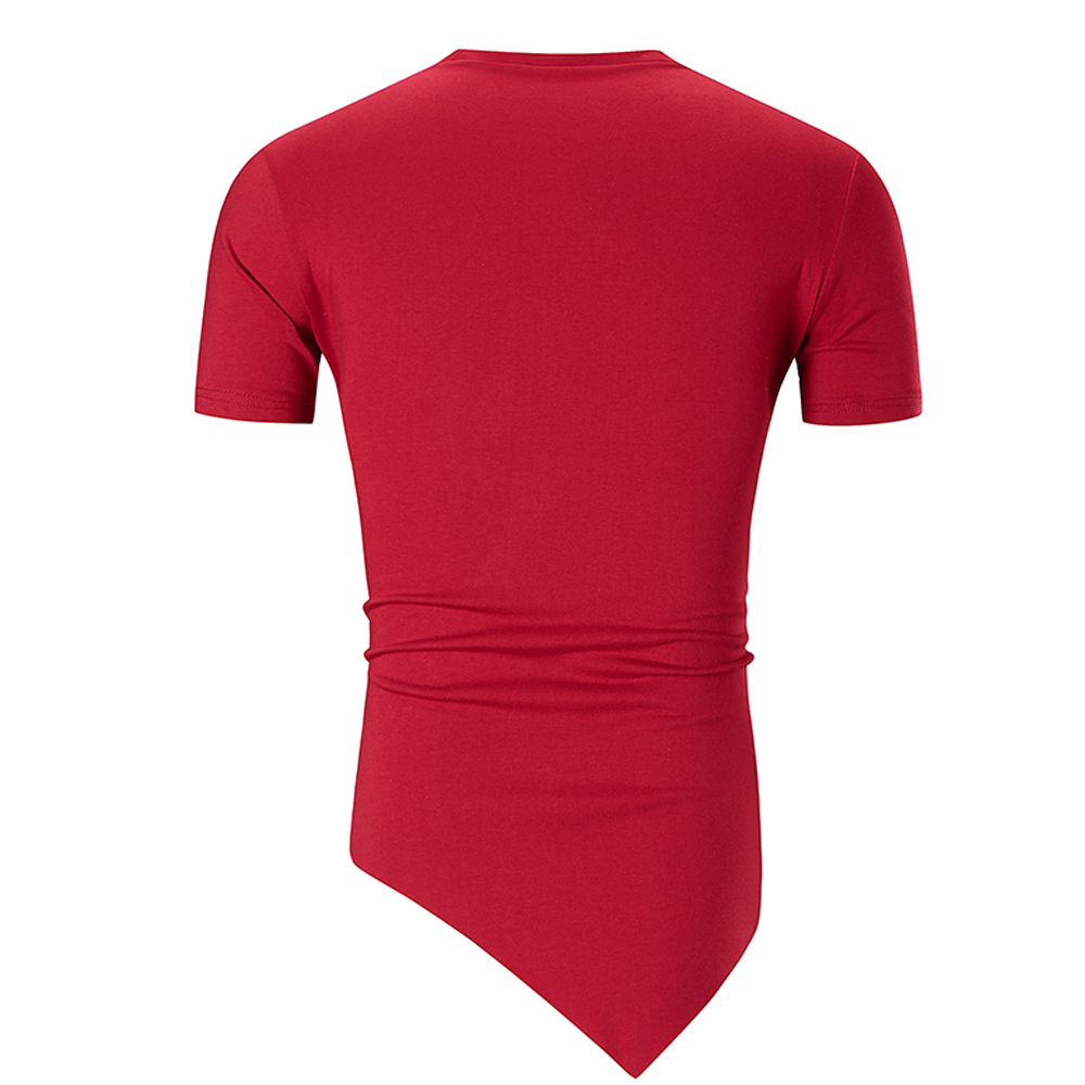 2018 New Men's Leather Trend Stitching Fashion Oblique Hem Solid Color T-shirt