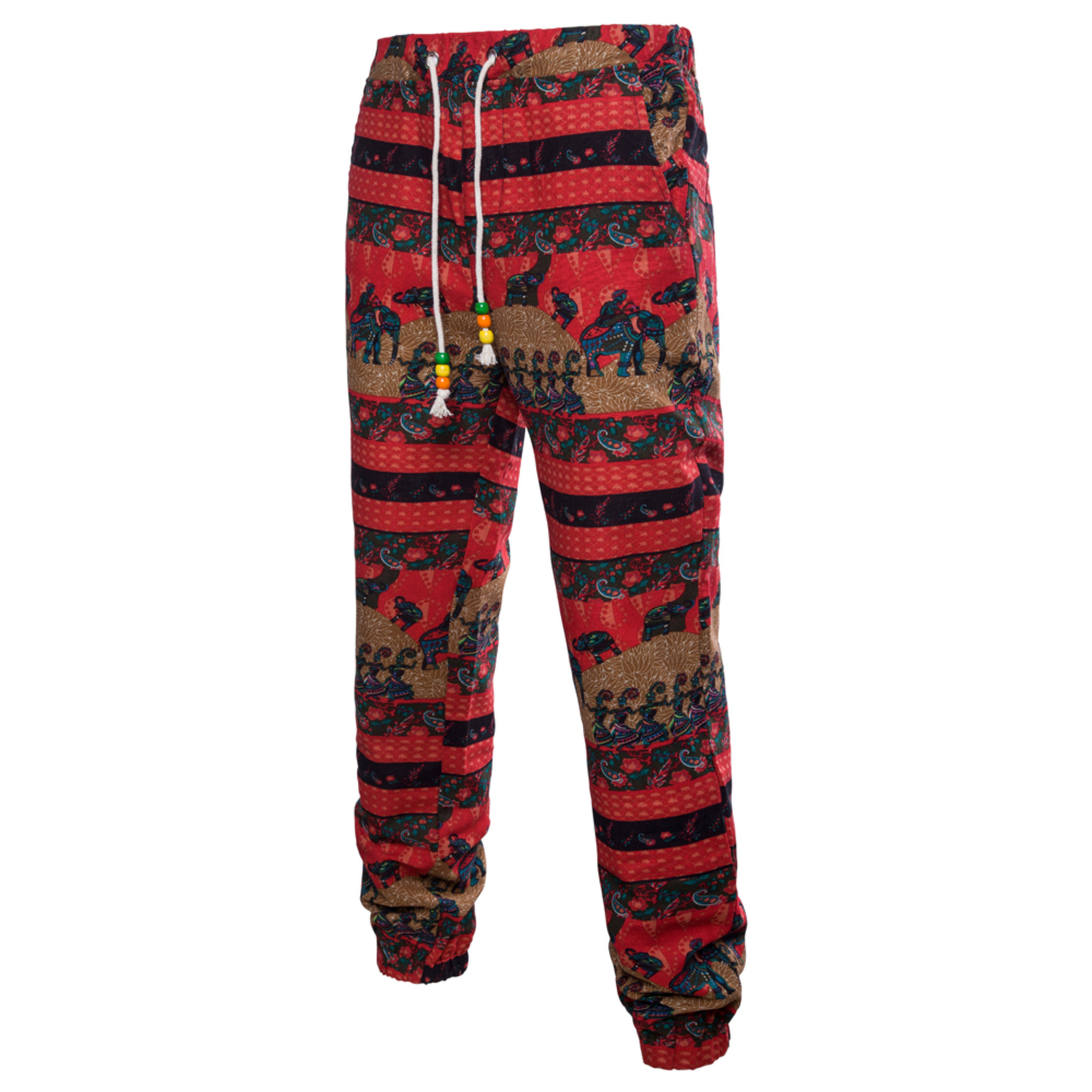 Men's Spring and Summer Thin Sizes of Folk Wind Linen Print Trousers