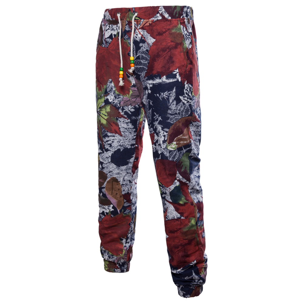 Men's Spring and Summer Thin Sizes of Folk Wind Linen Print Trousers