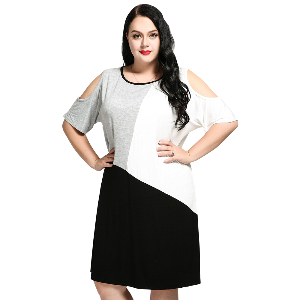 New Plus Size Women Fashion Geometric Hit Color Spliced Off-the-shoulder Short Sleeve Casual Dress